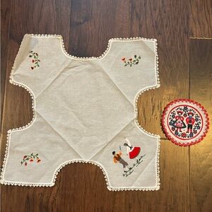 Embroidered Bread Basket Liner and Doily - White with Couple in Folk Costumes